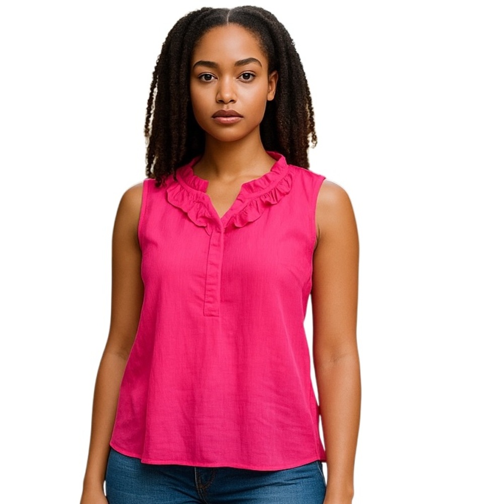 J Crew Women's Hot Pink Sleeveless Blouse Sz 14 Ruffle Top V Neck Barbie Office